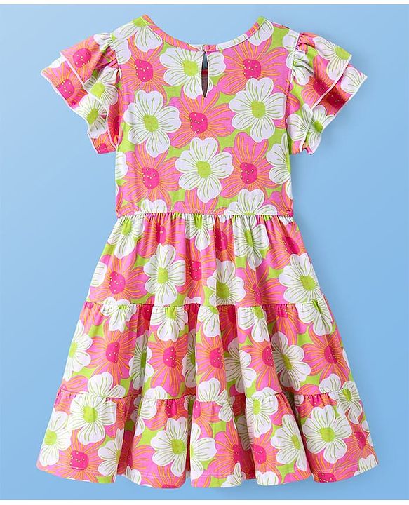 Pine Kids Cotton Knit Half Sleeves Frock with Floral Print - Pink