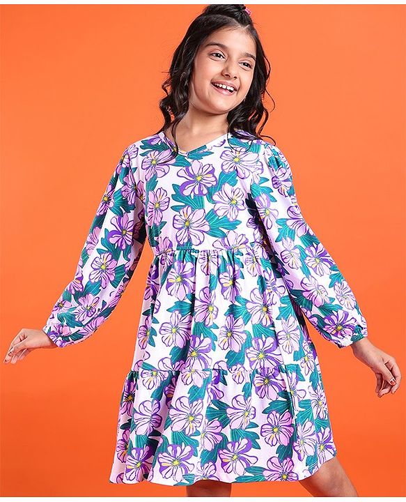 Pine Kids Cotton Knit Full Sleeves Frock with Floral Print - White & Purple