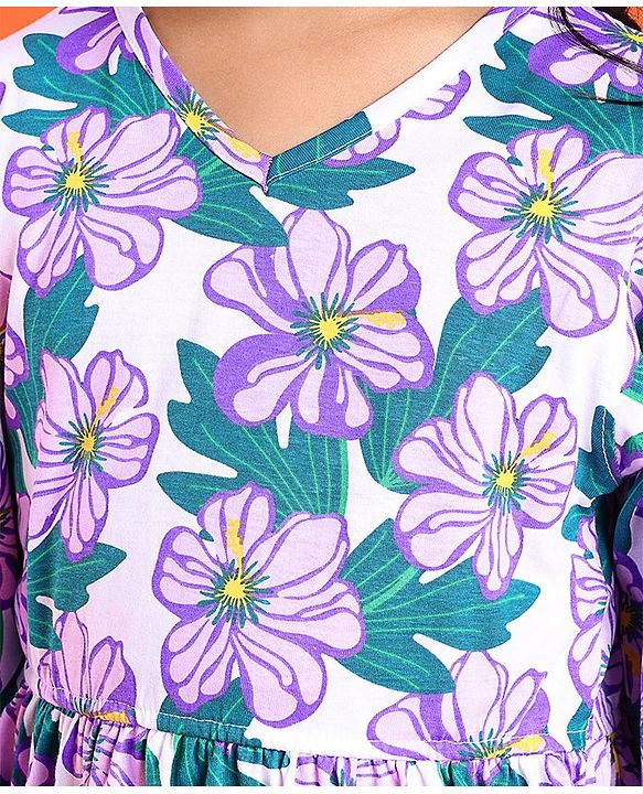 Pine Kids Cotton Knit Full Sleeves Frock with Floral Print - White & Purple