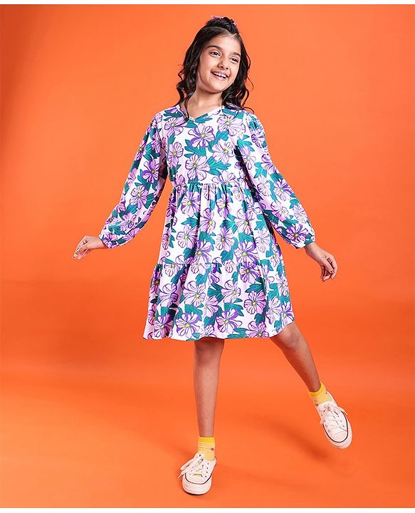 Pine Kids Cotton Knit Full Sleeves Frock with Floral Print - White & Purple