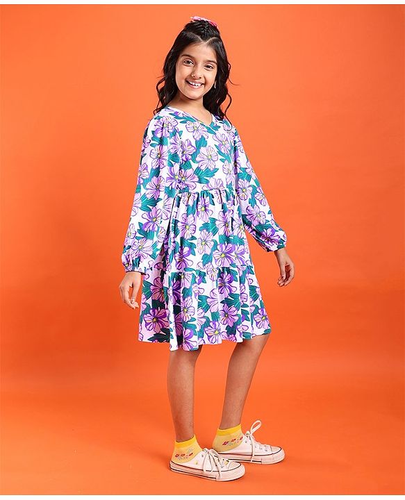 Pine Kids Cotton Knit Full Sleeves Frock with Floral Print - White & Purple