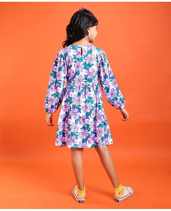 Pine Kids Cotton Knit Full Sleeves Frock with Floral Print - White & Purple