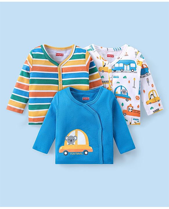 Babyhug 100% Cotton Full Sleeves Front Open Vests Car Print Pack of 3 -Blue