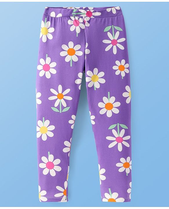 Pine Kids Knit Cotton Lycra Ankle Length Stretchable Leggings with Floral Print - Paisley Purple