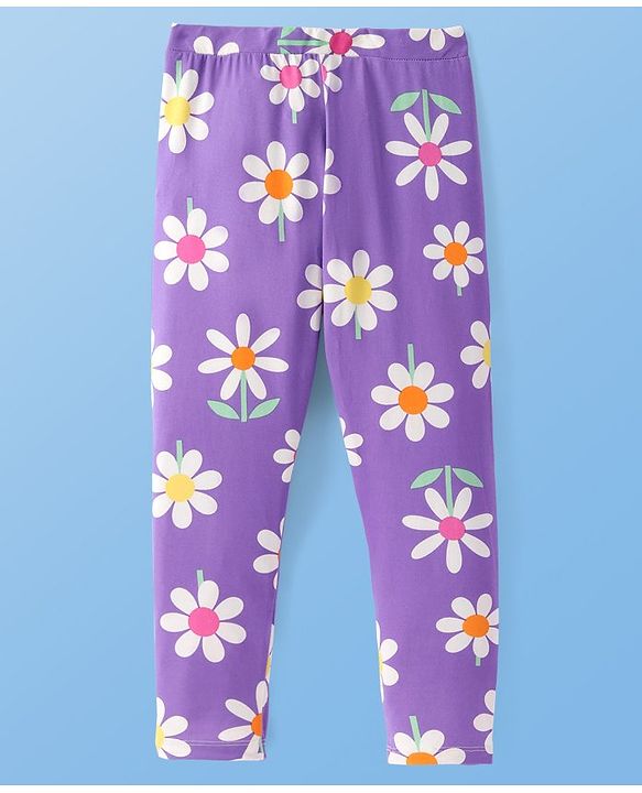 Pine Kids Knit Cotton Lycra Ankle Length Stretchable Leggings with Floral Print - Paisley Purple