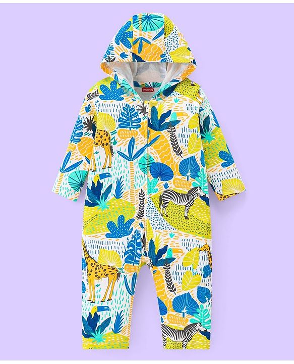 Babyhug 100% Cotton Full Sleeves Hooded Romper Animal Print - Green