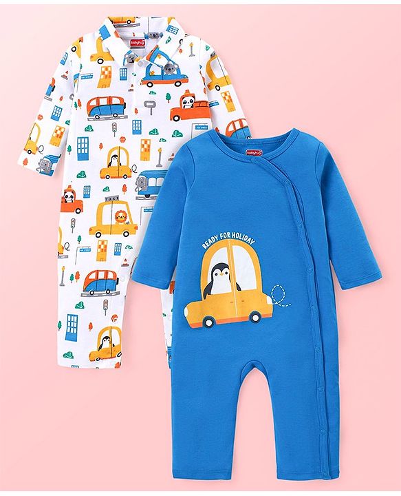 Babyhug 100% Cotton Knit Full Sleeves Rompers with Car Print Pack of 2 - Blue & White