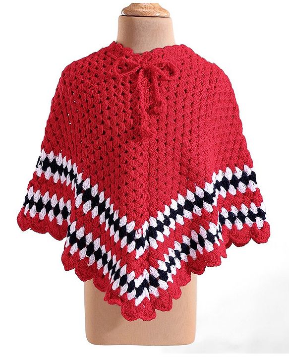 Babyhug Woollen Half Sleeves Hand Knitted Poncho with Striped  Design - Red