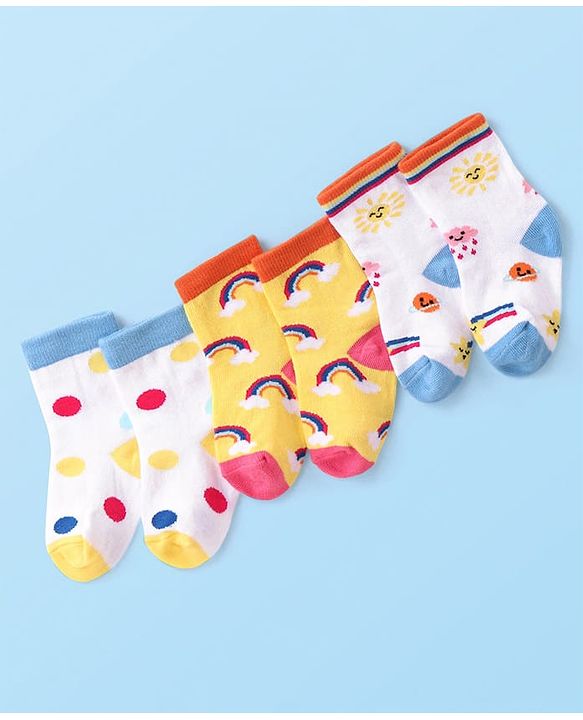 Cutewalk By Babyhug Anti Bacterial Ankle Length Rainbow Design Socks Pack of 3 - Yellow & White