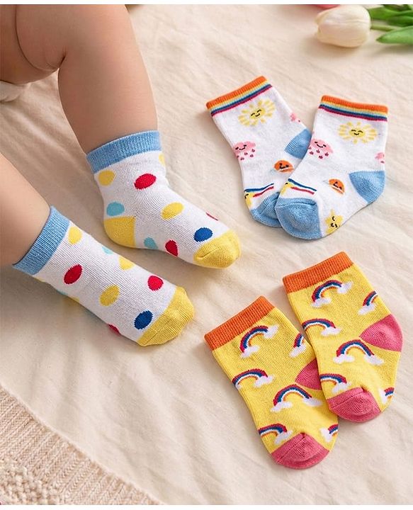 Cutewalk By Babyhug Anti Bacterial Ankle Length Rainbow Design Socks Pack of 3 - Yellow & White