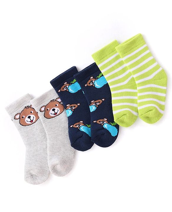 Cutewalk By Babyhug Anti Bacterial Ankle Length Striped & Teddy Bear Design Socks Pack of 3 - Blue Green & Grey
