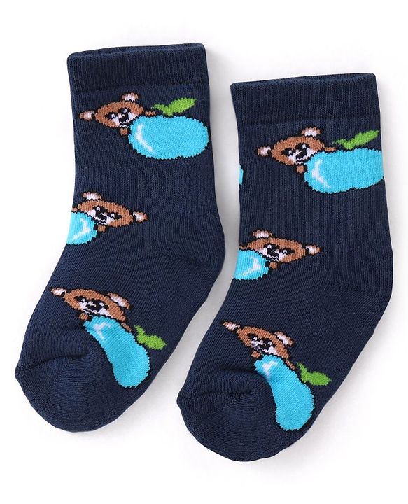 Cutewalk By Babyhug Anti Bacterial Ankle Length Striped & Teddy Bear Design Socks Pack of 3 - Blue Green & Grey