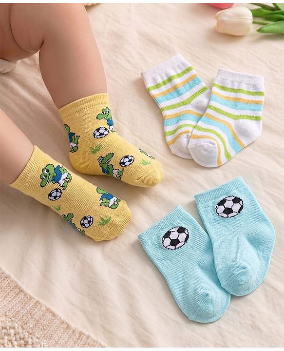 Cute Walk by Babyhug Anti-Bacterial Ankle Length Striped & Crocodile Design Socks Pack of 3 - Yellow & Blue