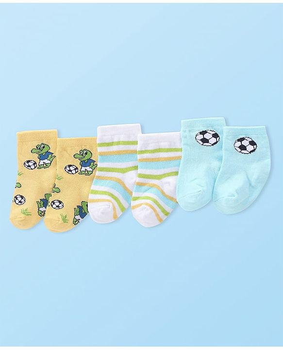 Cute Walk by Babyhug Anti-Bacterial Ankle Length Striped & Crocodile Design Socks Pack of 3 - Yellow & Blue