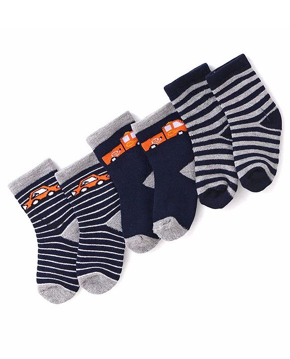 Cutewalk By Babyhug Anti Bacterial Ankle Length Striped & Car Design Socks Pack of 3 - Blue