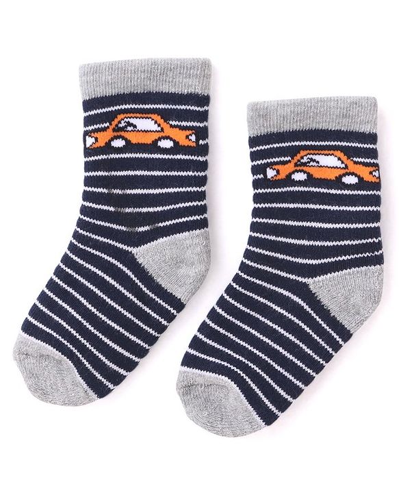 Cutewalk By Babyhug Anti Bacterial Ankle Length Striped & Car Design Socks Pack of 3 - Blue