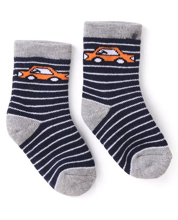 Cutewalk By Babyhug Anti Bacterial Ankle Length Striped & Car Design Socks Pack of 3 - Blue