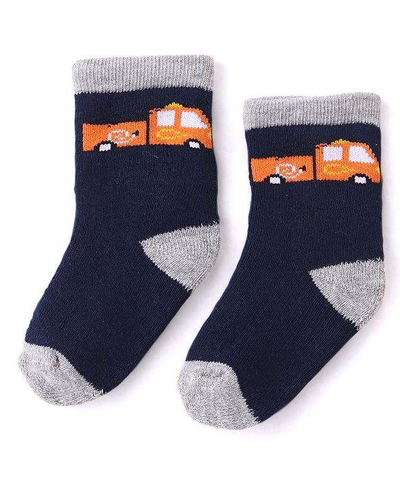 Cutewalk By Babyhug Anti Bacterial Ankle Length Striped & Car Design Socks Pack of 3 - Blue