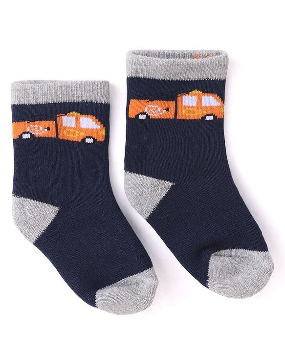 Cutewalk By Babyhug Anti Bacterial Ankle Length Striped & Car Design Socks Pack of 3 - Blue