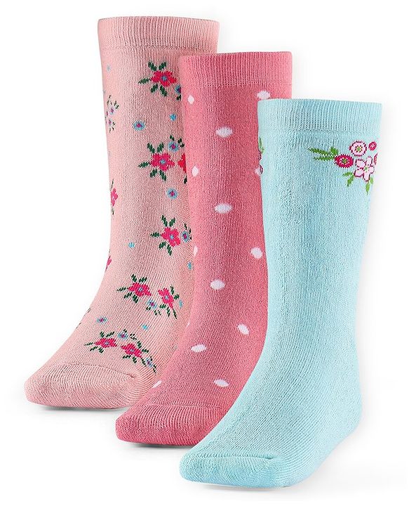 Cute Walk by Babyhug Terry Knit Anti-Bacterial Ankle Length Floral & Polka Dots Design Socks Pack of 3 - Pink Peach & Blue