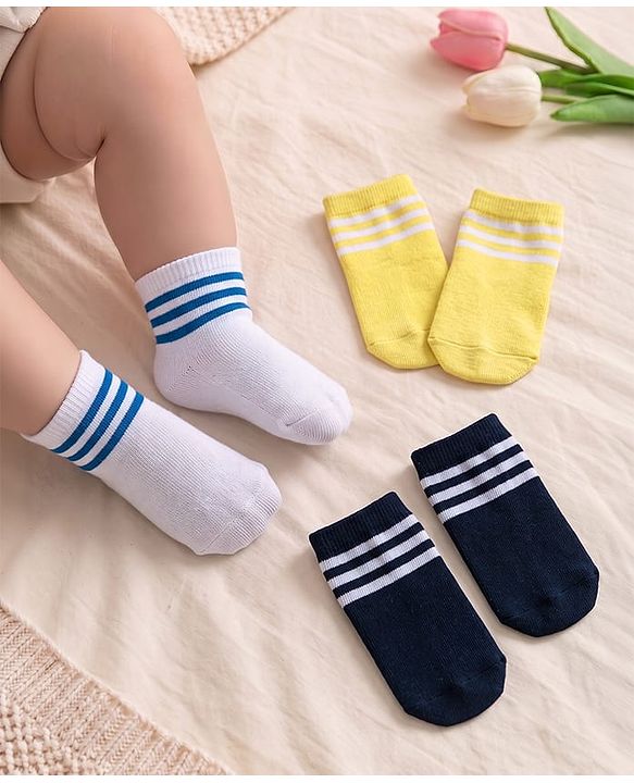 Cute Walk by Babyhug Terry Knit Anti-Bacterial Ankle Length Striped Socks Pack of 3 - Yellow Black & White