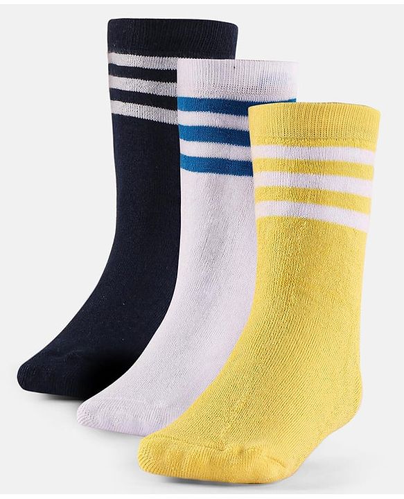 Cute Walk by Babyhug Terry Knit Anti-Bacterial Ankle Length Striped Socks Pack of 3 - Yellow Black & White
