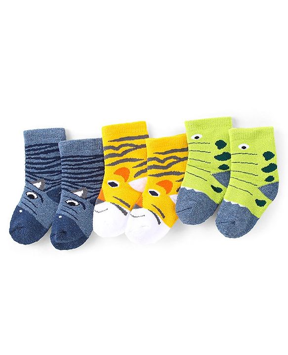 Cute Walk by Babyhug Anti-Bacterial Ankle Length Terry Socks with Animal Design Pack of 3 - Multicolor