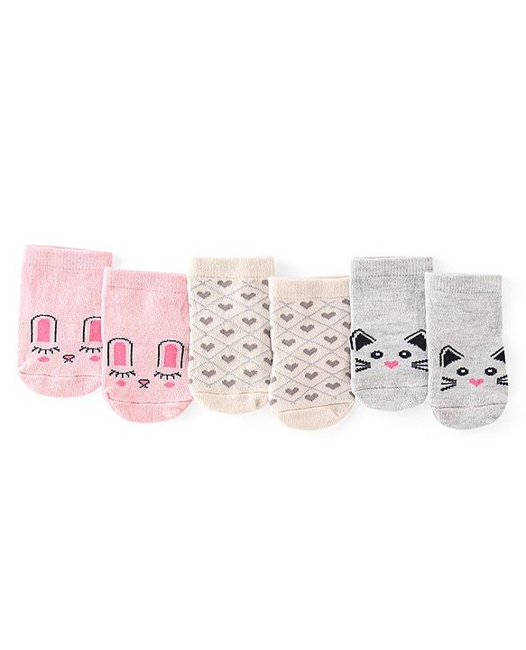 Cute Walk by Babyhug Anti-Bacterial Ankle Length Heart Design Sock Pack of 3 - Grey & Pink