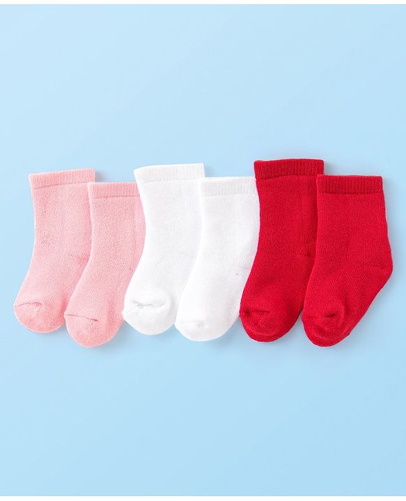 Cute Walk by Babyhug Terry Knit  Anti-Bacterial Ankle Length Solid Color Socks  Pack of 3 - Red Pink & White