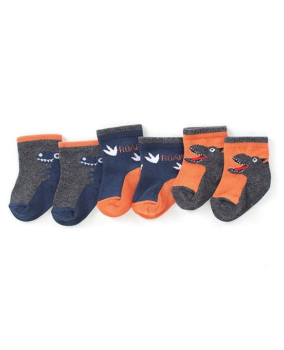 Cute Walk by Babyhug Anti-Bacterial Ankle Length Dino Design Sock Pack of 3 - Grey Blue & Orange
