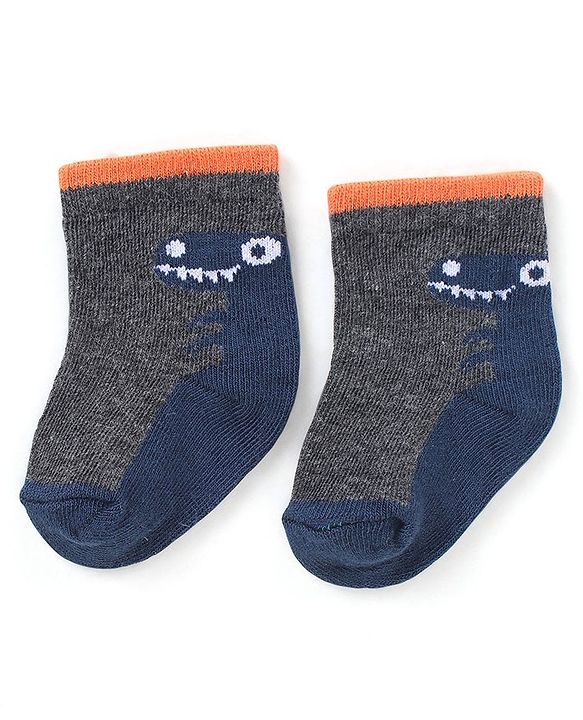 Cute Walk by Babyhug Anti-Bacterial Ankle Length Dino Design Sock Pack of 3 - Grey Blue & Orange