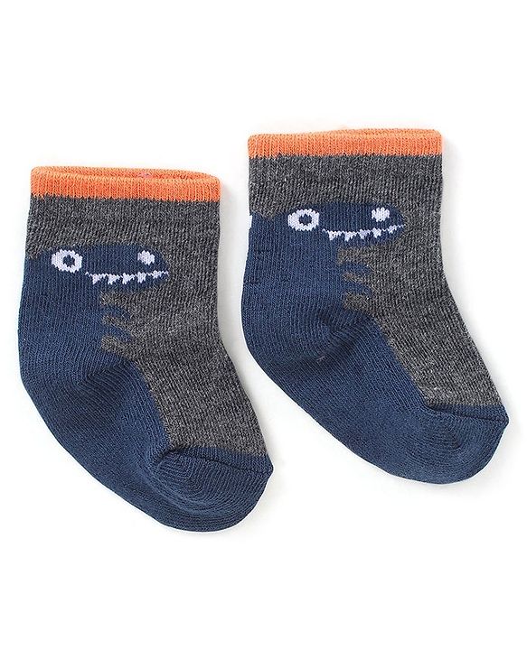 Cute Walk by Babyhug Anti-Bacterial Ankle Length Dino Design Sock Pack of 3 - Grey Blue & Orange