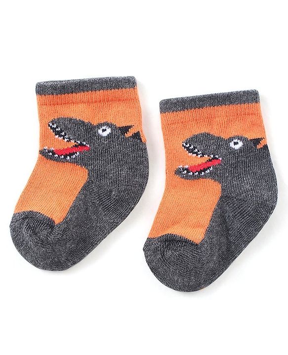 Cute Walk by Babyhug Anti-Bacterial Ankle Length Dino Design Sock Pack of 3 - Grey Blue & Orange
