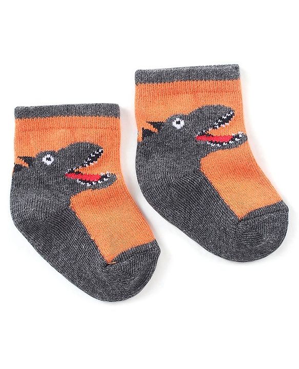 Cute Walk by Babyhug Anti-Bacterial Ankle Length Dino Design Sock Pack of 3 - Grey Blue & Orange