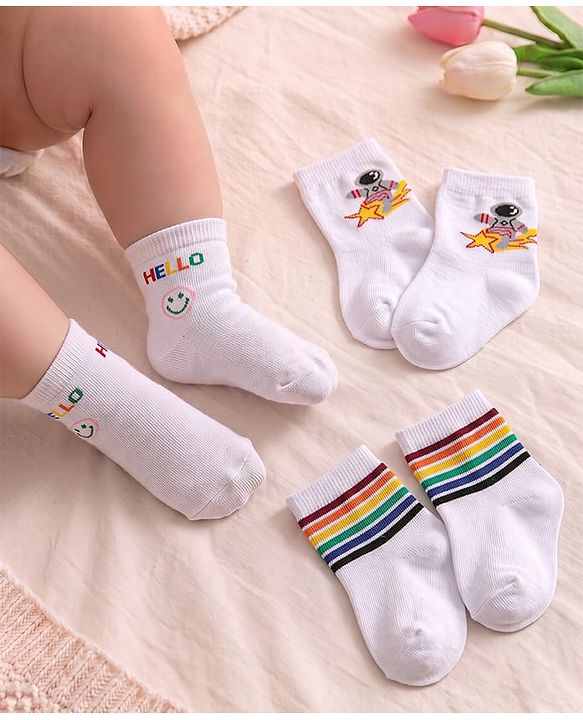 Cute Walk by Babyhug Anti-Bacterial Ankle Length Space Theme Design Socks Pack of 3 - White