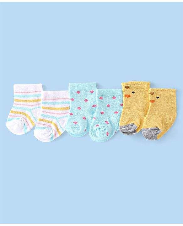 Cute Walk by Babyhug Anti-Bacterial Ankle Length Striped & Polka Dots Design Socks Pack of 3 - Yellow Blue & White