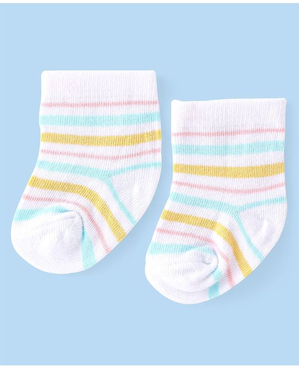 Cute Walk by Babyhug Anti-Bacterial Ankle Length Striped & Polka Dots Design Socks Pack of 3 - Yellow Blue & White