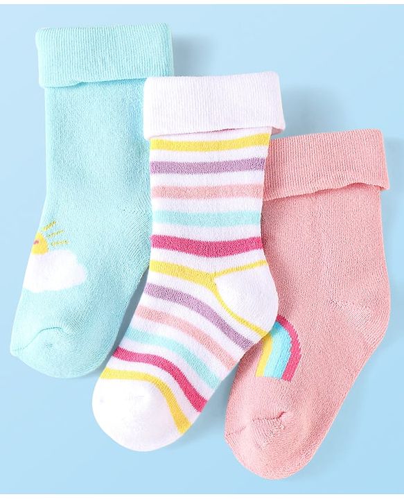 Cute Walk By Babyhug Knit Anti-Bacterial Ankle Length Socks With Rainbow & Stripe Design Pack Of 3 - Pink White Light Blue