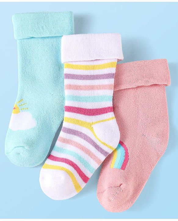 Cute Walk By Babyhug Knit Anti-Bacterial Ankle Length Socks With Rainbow & Stripe Design Pack Of 3 - Pink White Light Blue