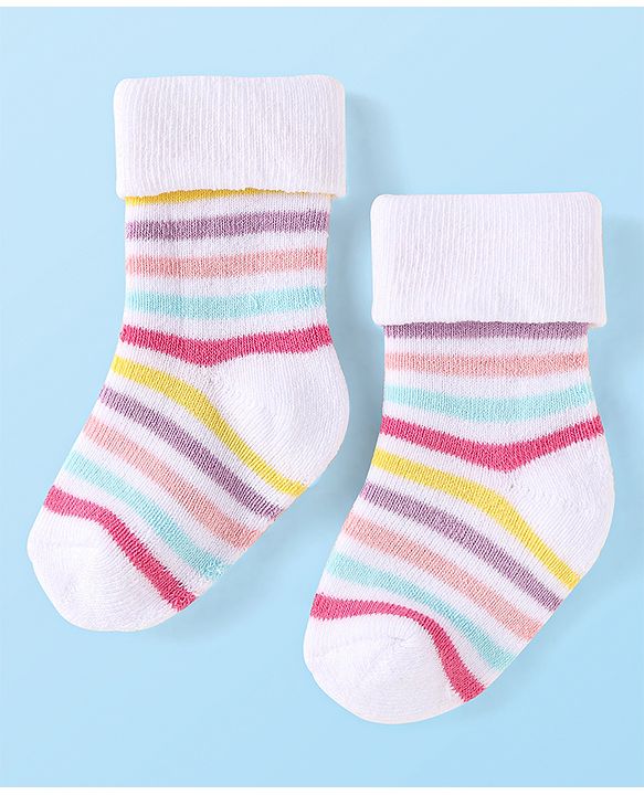 Cute Walk By Babyhug Knit Anti-Bacterial Ankle Length Socks With Rainbow & Stripe Design Pack Of 3 - Pink White Light Blue