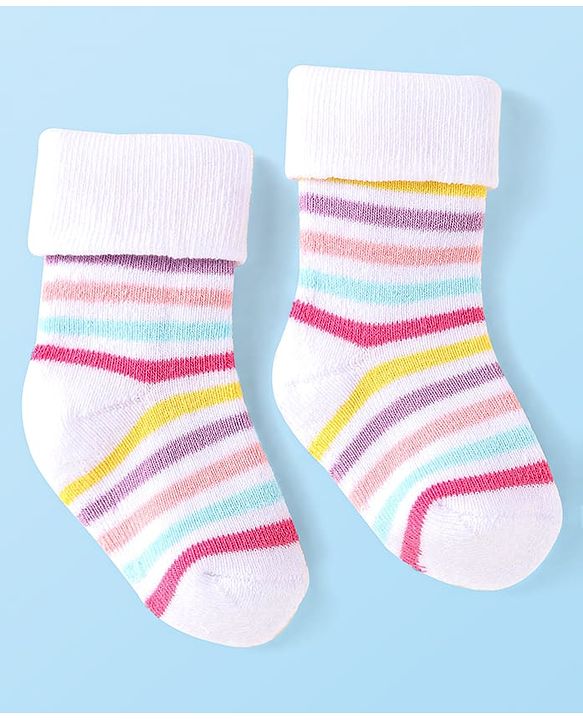 Cute Walk By Babyhug Knit Anti-Bacterial Ankle Length Socks With Rainbow & Stripe Design Pack Of 3 - Pink White Light Blue