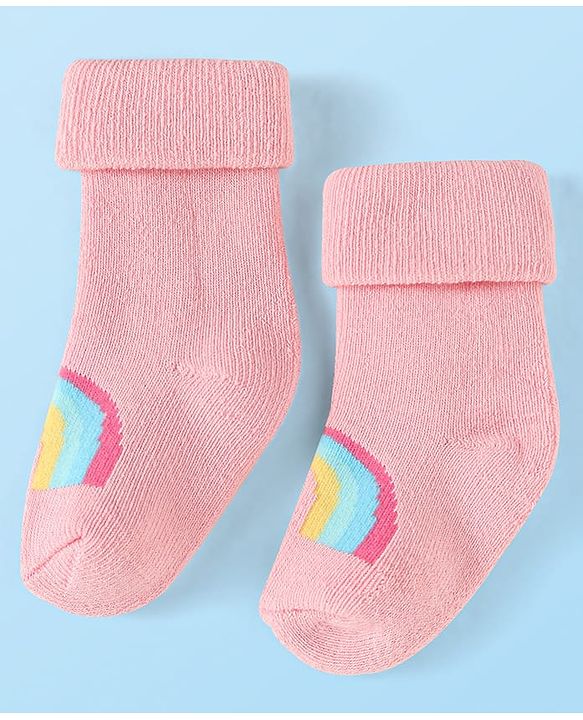 Cute Walk By Babyhug Knit Anti-Bacterial Ankle Length Socks With Rainbow & Stripe Design Pack Of 3 - Pink White Light Blue
