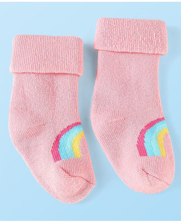 Cute Walk By Babyhug Knit Anti-Bacterial Ankle Length Socks With Rainbow & Stripe Design Pack Of 3 - Pink White Light Blue