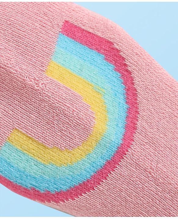 Cute Walk By Babyhug Knit Anti-Bacterial Ankle Length Socks With Rainbow & Stripe Design Pack Of 3 - Pink White Light Blue