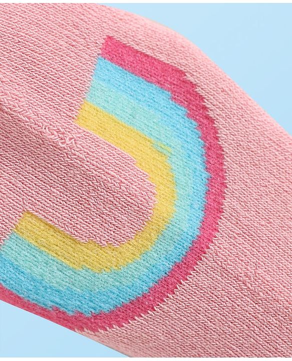 Cute Walk By Babyhug Knit Anti-Bacterial Ankle Length Socks With Rainbow & Stripe Design Pack Of 3 - Pink White Light Blue