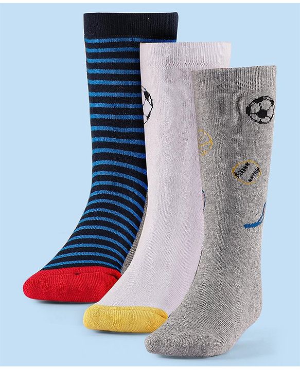 Cute Walk by Babyhug Terry Knit Anti-Bacterial Ankle Length Striped & Football Design Socks Pack of 3 - Blue White & Grey