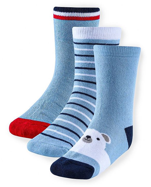 Cute Walk by Babyhug Anti-Bacterial Ankle Length Terry Socks with Stripes & Bear Design Pack of 3 - Blue