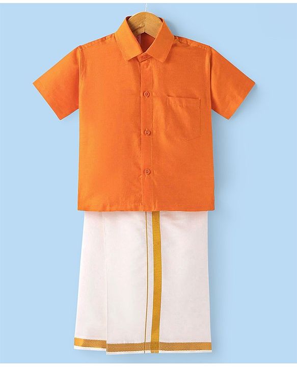 Babyhug Woven Half Sleeves Solid Shirt & Mundu Set - Orange