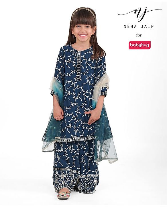 Babyhug Georgette Woven Three Fourth Sleeves   Embroidered Kurti Palazzo Co-Ord Set with Dupatta - Teal