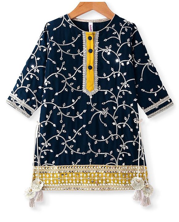 Babyhug Georgette Woven Three Fourth Sleeves   Sequins Embroidered Kurti Sharara & Dupatta Set - Teal & Yellow